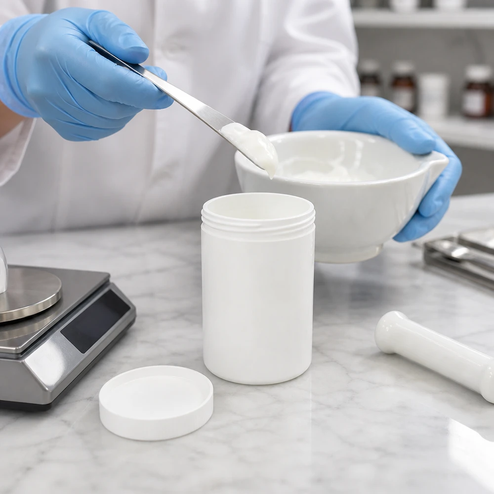 Zalfpot 250 g wit met schroefdeksel wit (PP) Het vullen van een cilindervormige witte zalfpot van 250 g met een vers aangemaakte basisformule