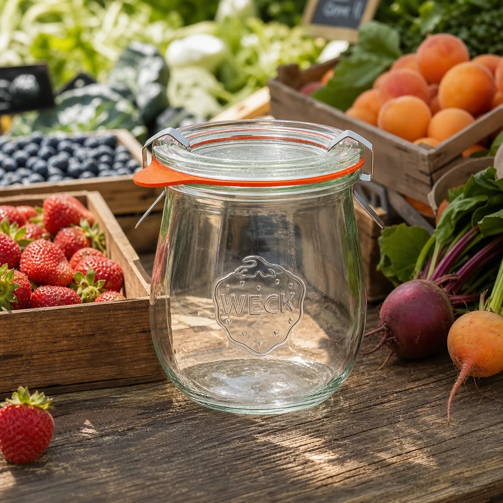 220ml tulpenglas compleet WECK RR60 WECK tulpenpot 220ml RR60 leeg op houten tafel omringd door vers fruit en groenten van de markt inmaakpotten set