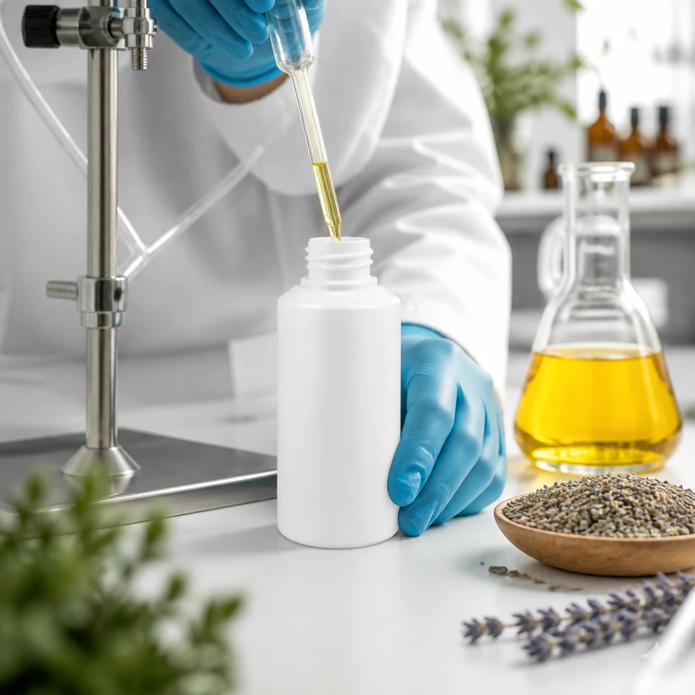 Chemicaliënbestendige witte HDPE-fles van 30 ml met blauwe SV-aanduiding voor natuurlijke cosmetica en de farmaceutische industrie