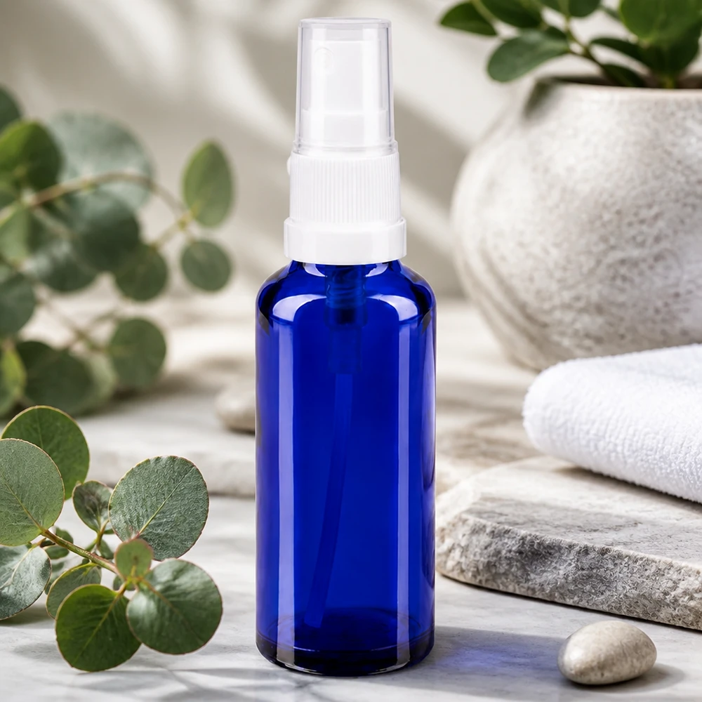 Miniatuurspuitflesje van blauw veiligheidsglas op marmer met een natuurlijk motief