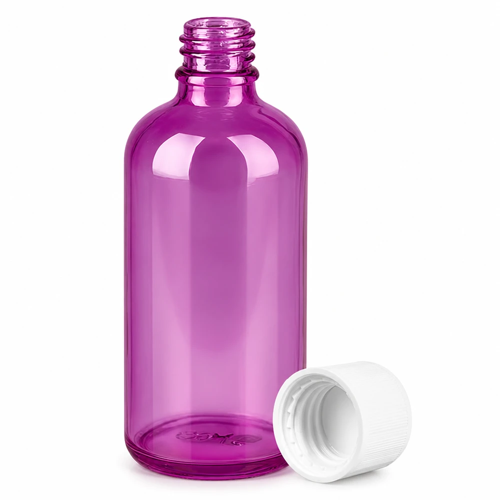 Paarse PET fles 100ml met witte dop perfect voor serums oliën en vloeibare cosmetica