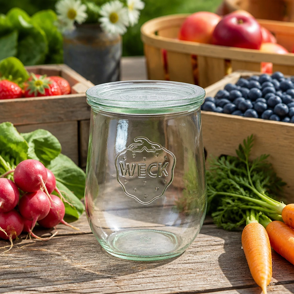WECK tulp pot 1062ml glazen deksel RR100 Conserveren van vers fruit groenten radijs wortelen bosbessen houten tafel
