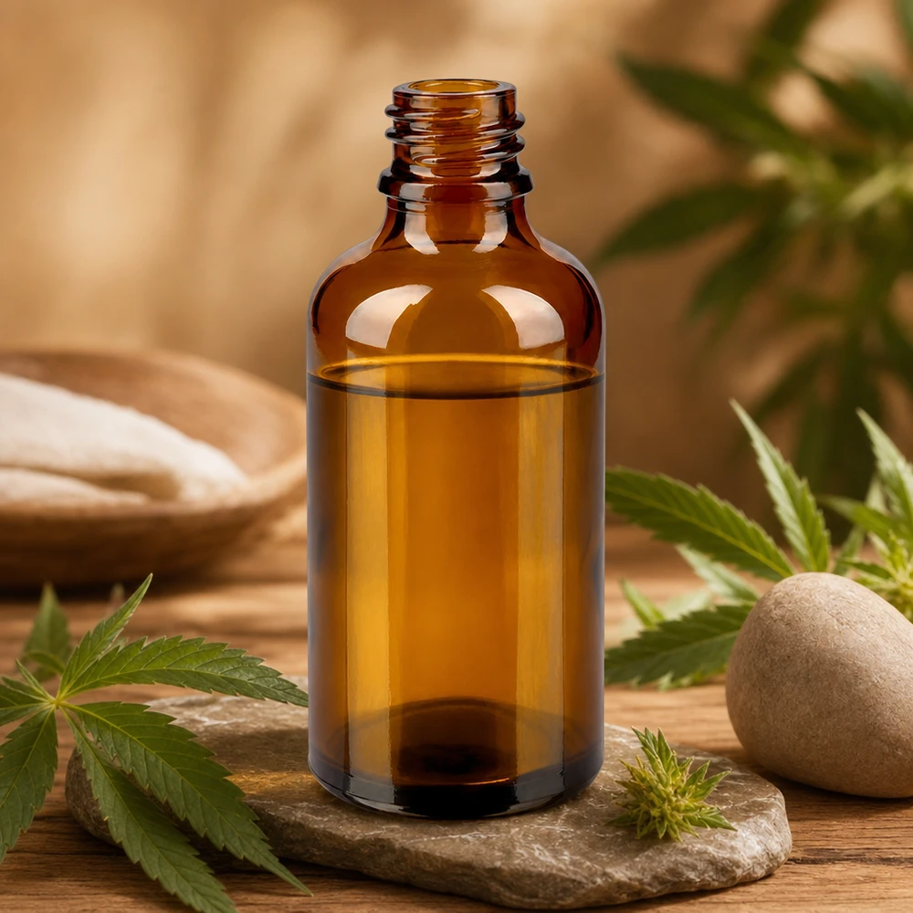 50ml bruine ApoGlas apothekersfles op stenen bord met cannabisbladeren en natuurlijke producten Spa sfeer