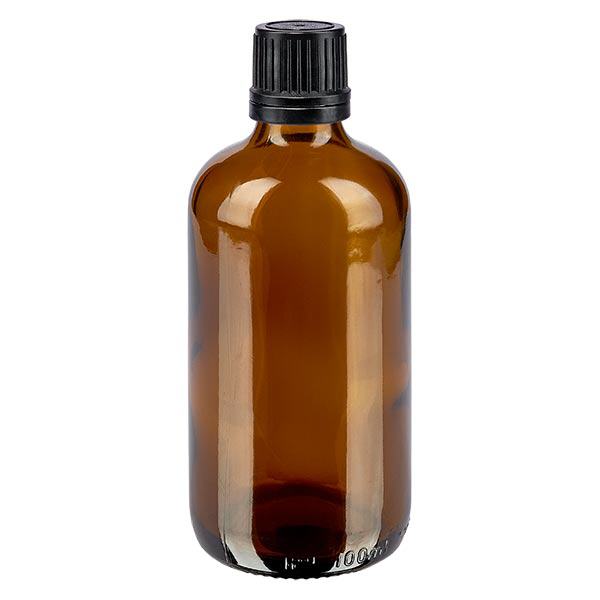 Bruine glazen fles 100ml met zwart druppelsluiting 1mm VR Bruine glazen fles 100ml met zwart druppelsluiting 1mm VR