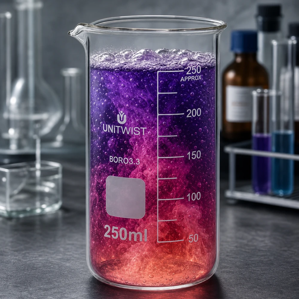 Chemielaboratoriumbekerglas van 250 ml, hoog model, met felrode en paarse inhoud