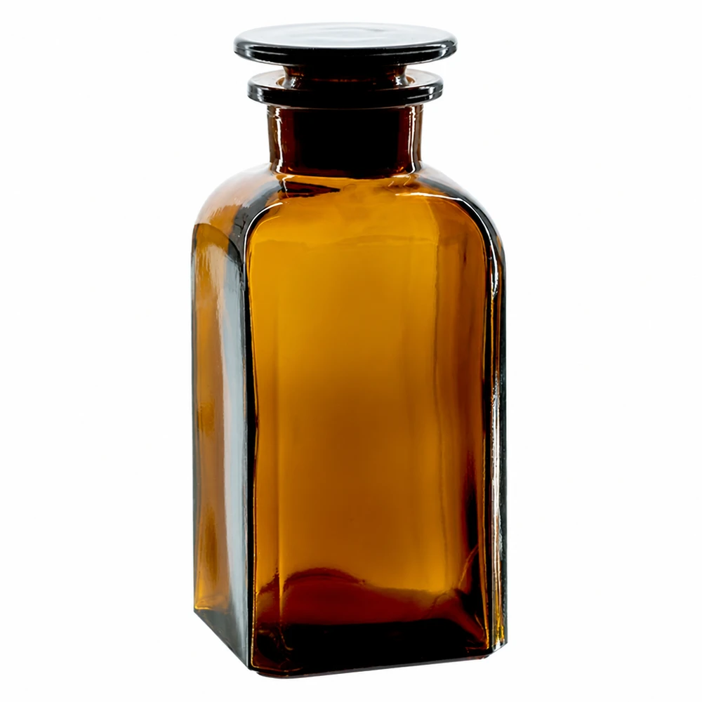 Vierkante bruine glazen fles van 350 ml met glazen stop, ideaal voor het veilig bewaren van vloeistoffen