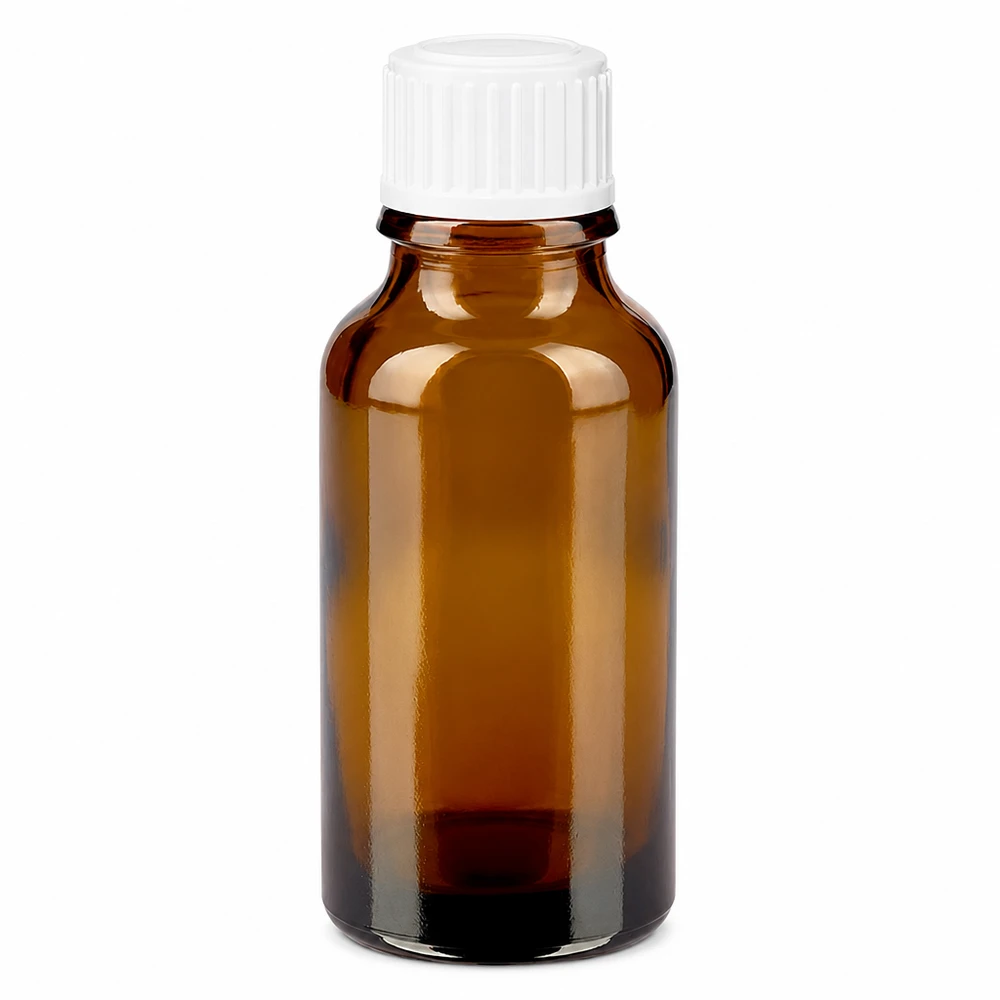 Bruine glazen fles 20ml met wit schroefsluiting St Amberkleurige druppelfles van 20 ml van apothekersglas met een witte schroefdop van 11 mm