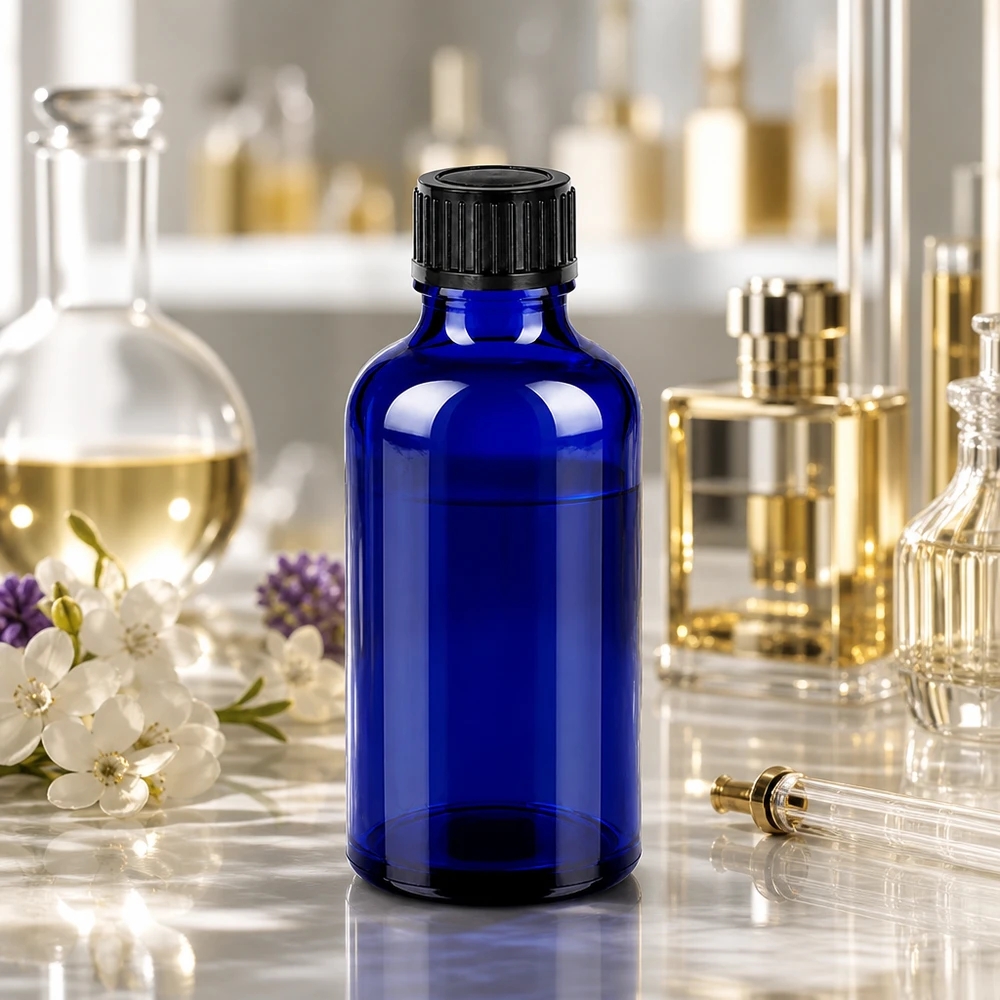 Compacte glazen fles 50ml met zwarte verzegelstop voor het veilig bewaren van vloeistoffen