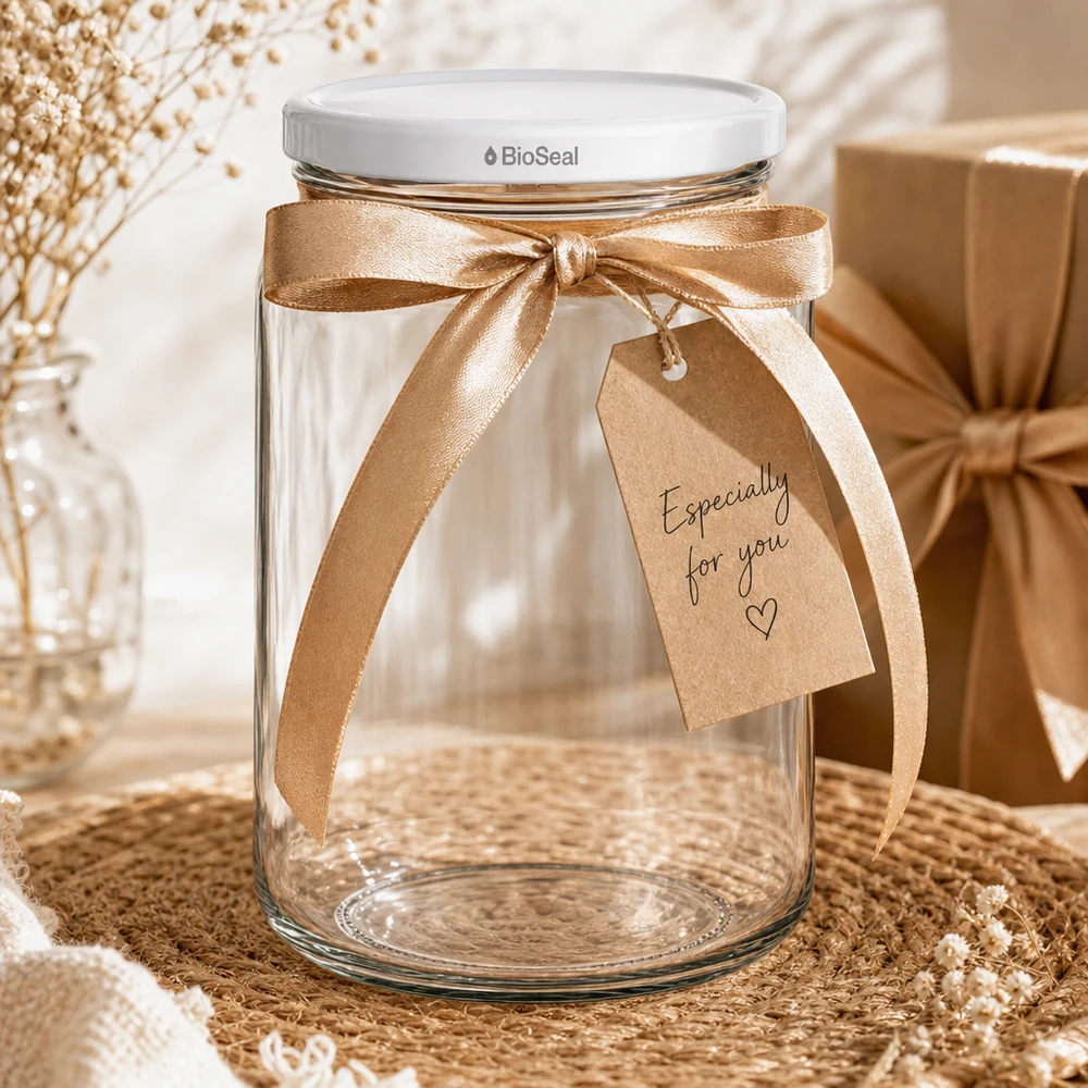 382ml rond glas met BioSeal deksel wit UNiTWIST UNiTWIST Runda382 geschenkdoos met gouden strik en label - decoratieve inmaakpot met witte BioSeal Dec