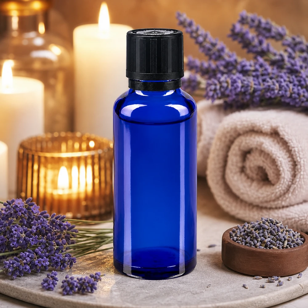 Een blauwglazen flesje van 30 ml met druppelaar, naast een lavendelhanddoek en geurkaarsen