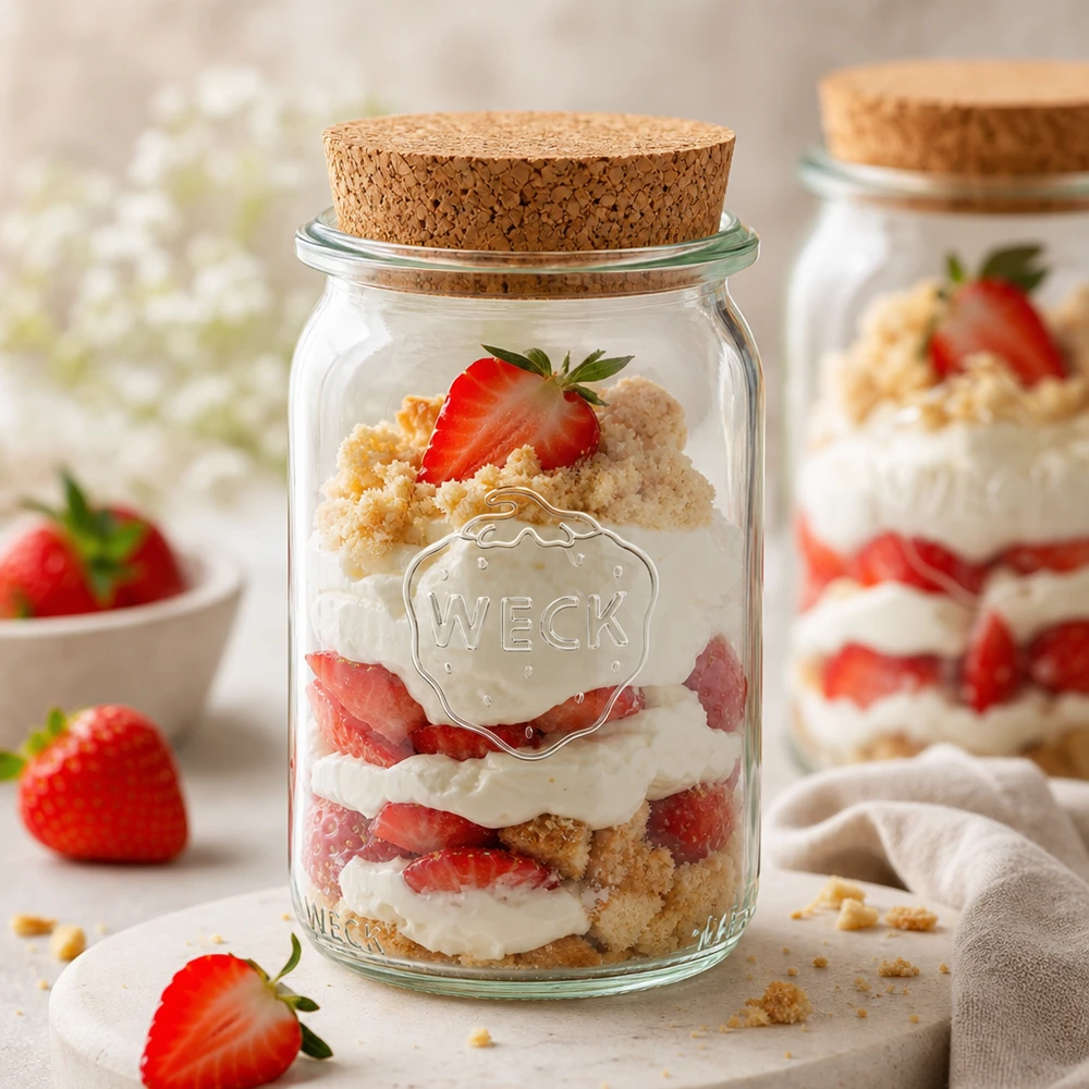 145ml cilinderglas WECK RR40 met kurk WECK inmaakpot 145ml met kurkdeksel kan gebruikt worden als dessertpot met aardbeientaart gelaagd dessert tiramisu in een potje