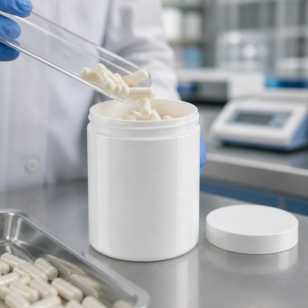 Witte pot voor vaste stoffen van 300 g, gemaakt van PP, met schroefdeksel voor capsules in de farmaceutische industrie