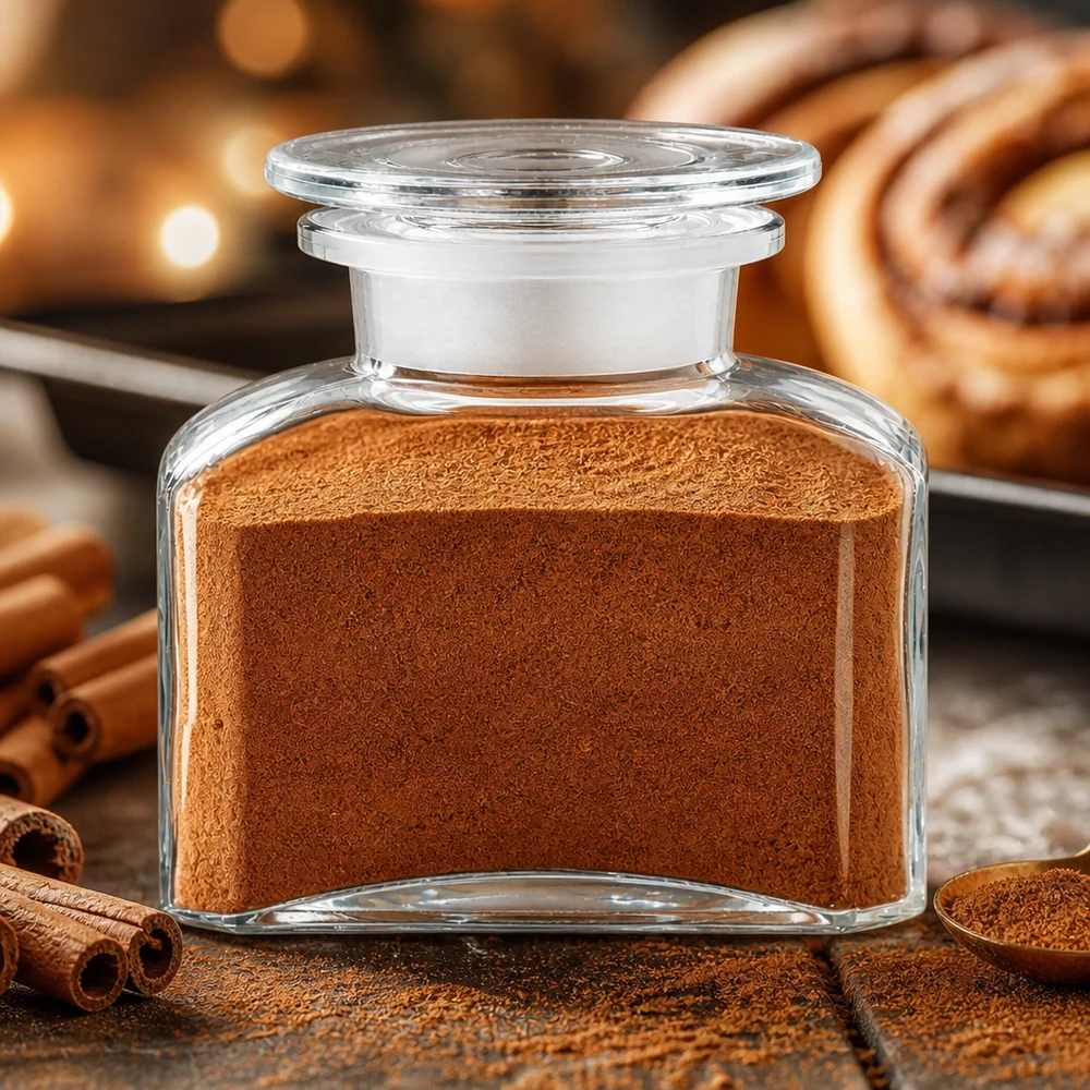 Vierkant kruidenpotje met luchtdichte dop, gevuld met kaneelpoeder voor in de keuken