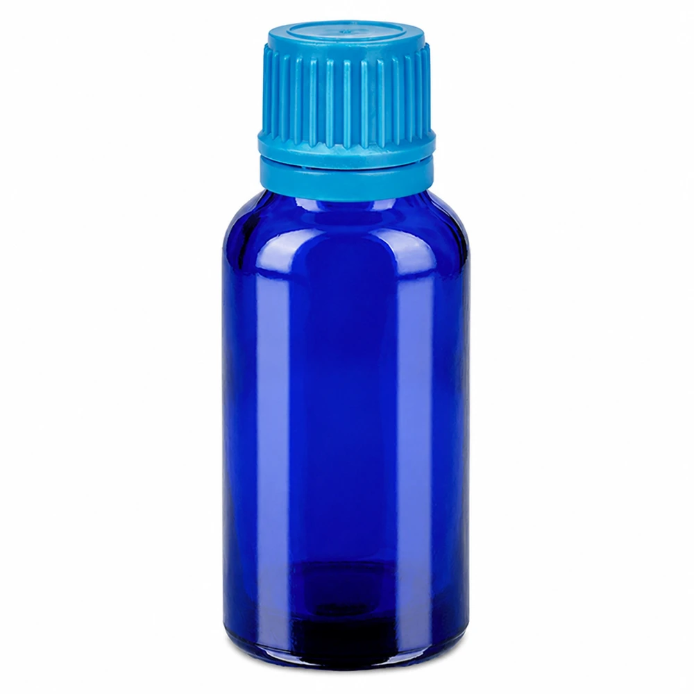 Hoogwaardige blauwe glazen fles 30ml met kindveilige dop voor medicijnen en oliën