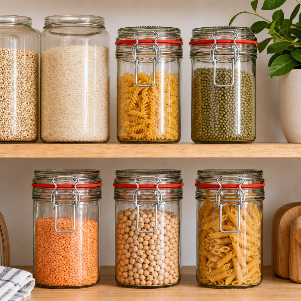 Voorraadpotten met draaidop gevuld met pasta rijst linzen kikkererwten georganiseerde keuken voorraadkast