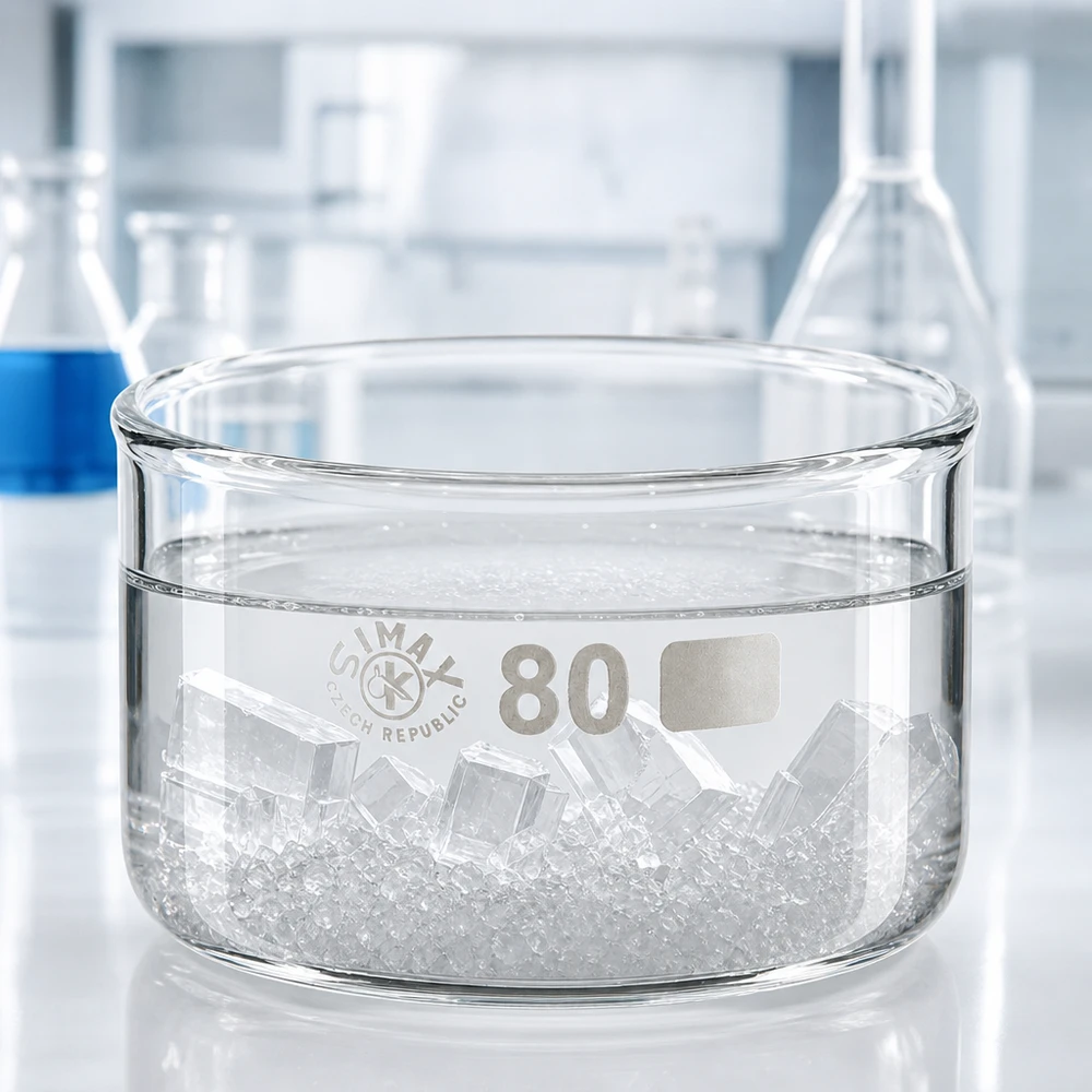 Kristalliseerschaal 150ml zonder schenktuit Lage kristallisatieschaal van laboratoriumglas met witte kristallen en heldere vloeistof, 80 mm
