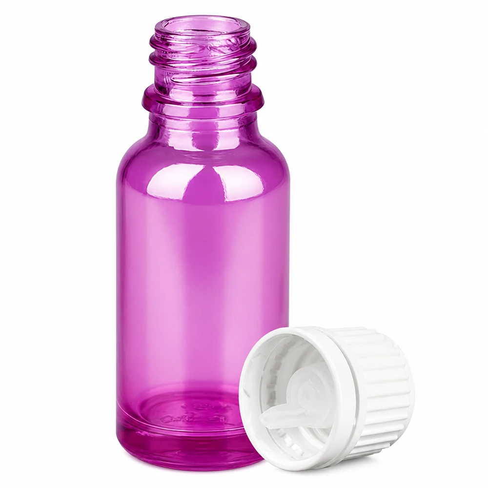 Klein 20ml druppelflesje violet transparant met kindveilige witte dop