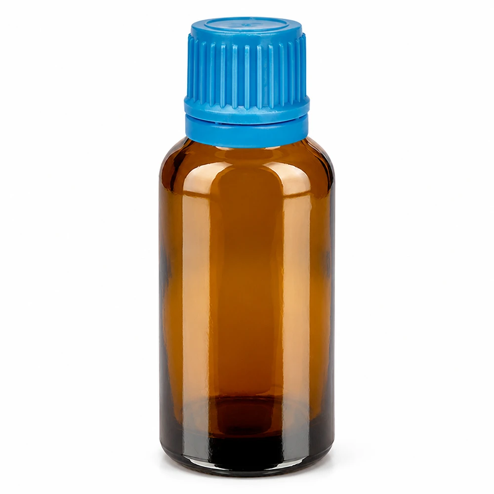 Hoogwaardige glazen fles van 30 ml in bruin met praktische blauwe schroefdop