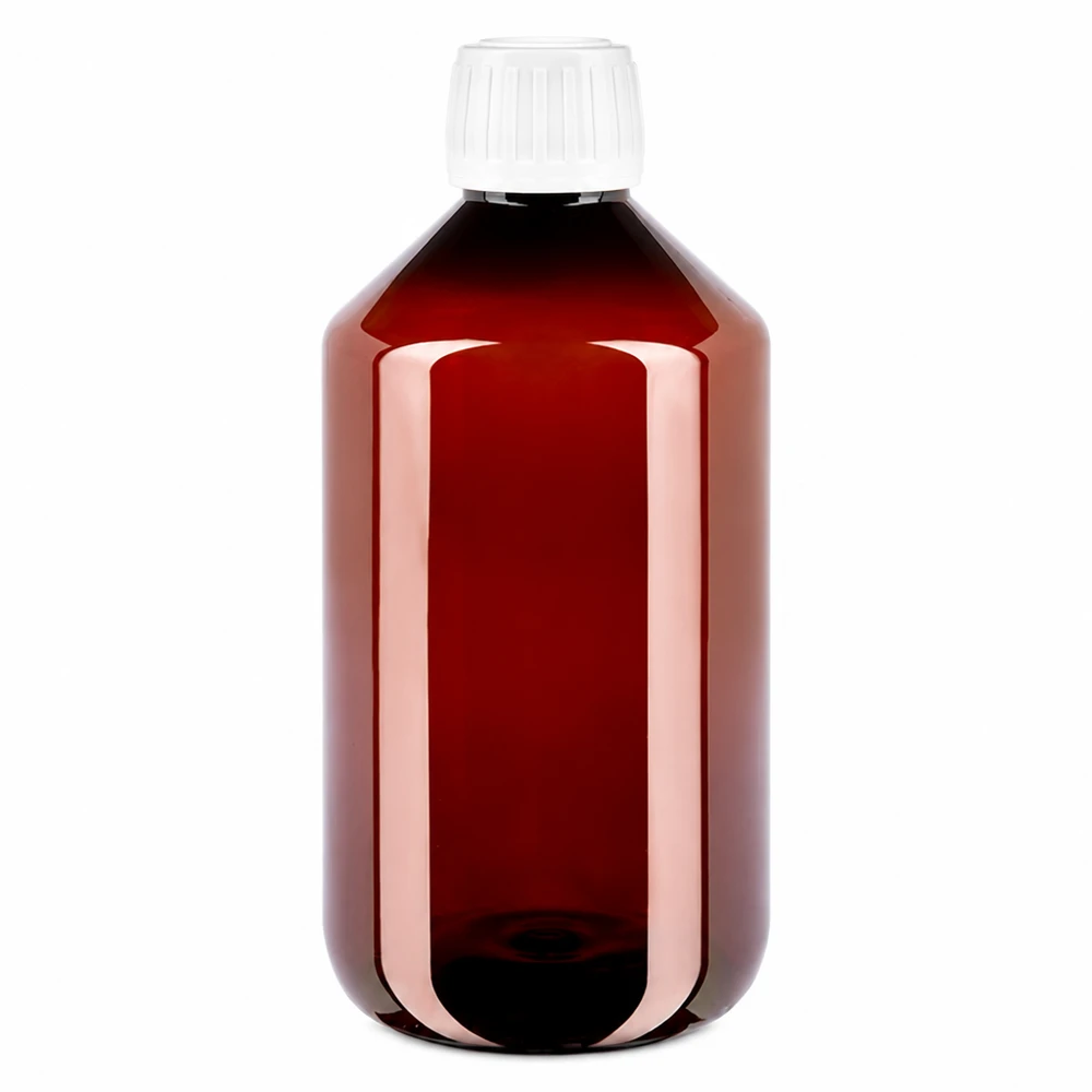 PET-fles 500ml met witte standaard OV Bruine ronde fles van PET-kunststof, 500 ml, met lekvrije standaarddop