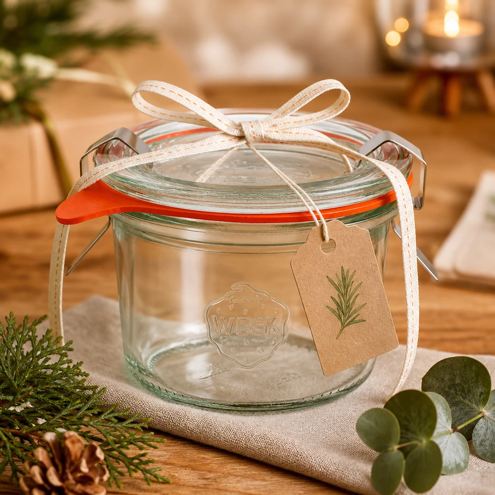 80ml WECK RR60 bekers als geschenkverpakking met lint en label in een gezellige kerstdecoratie