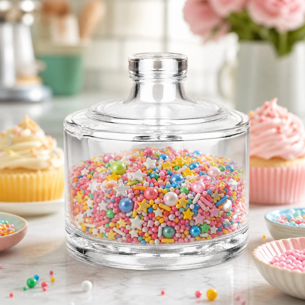200 ml glazen fles Barbara zonder sluiting UNiTWIST® 200 ml Barbara glazen fles als snoeppot met kleurrijke hagelslag en bolletjes voor bakaccessoires en snoep bewaren