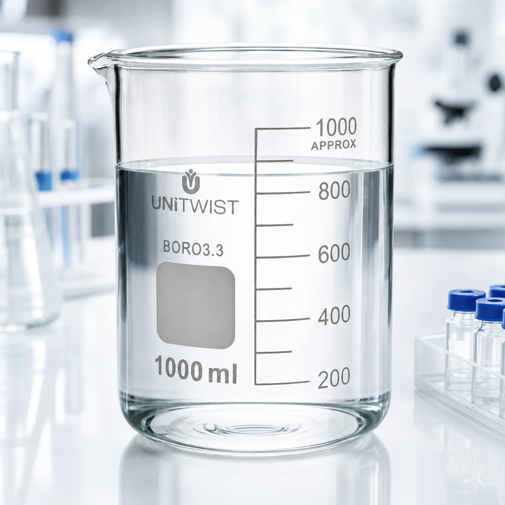 Beker 1000ml borosilicaat, lage vorm UNiTWIST Professioneel laboratoriumglas 1000 ml van hittebestendig borosilicaat 3.3 met lage handgreep