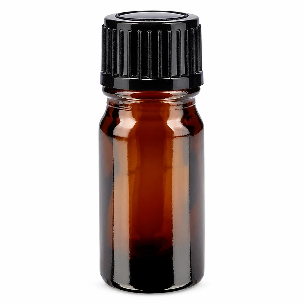Bruine glazen fles 5ml met zwart schroefsluiting St Apothekersflesje van 5 ml van bruin glas met UV-bescherming en een zwarte schroefdop van 11 mm