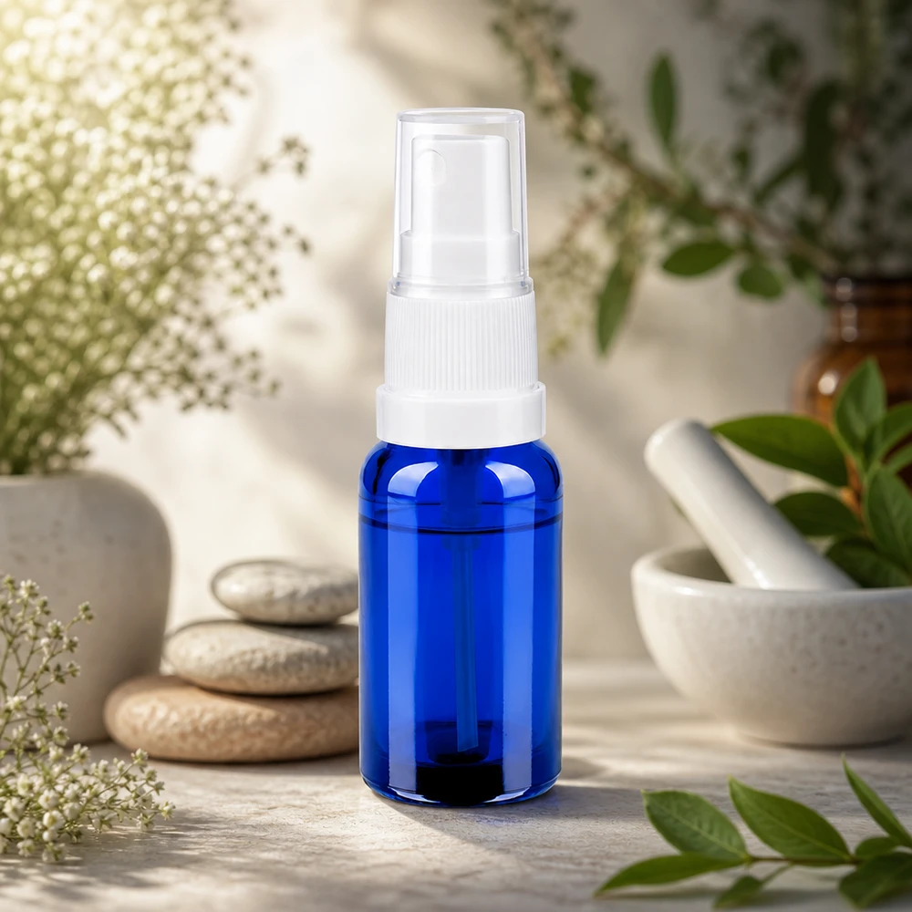 Klein blauw glazen verstuiverflesje 20ml met gelijkmatige verstuiving voor essentiële oliemengsels
