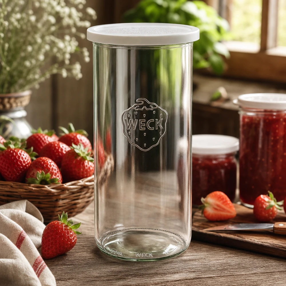 1500ml stortglas met vershouddeksel WECK RR100 WECK voorraadpot 1500ml RR100 in een rustieke keuken met aardbeien en jampotten als lifestyle shot