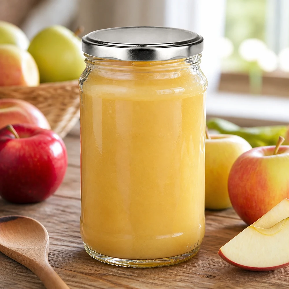 Klein Einweck-potje van 370 ml met een zilveren BasicSeal-deksel naast rode en groene appels