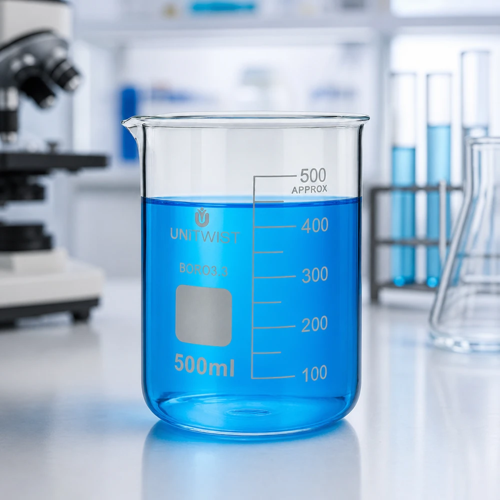 Beker 500ml borosilicaat, lage vorm UNiTWIST Lage laboratoriumbeker van 500 ml met een gelijkmatige cilindrische vorm en een versterkte rand