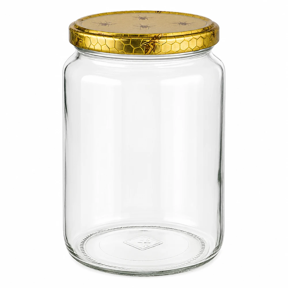 Lege glazen honingpot 1000g met gouden honingraatdeksel en bijenmotief voor honingbijenhouderij voorraadpot
