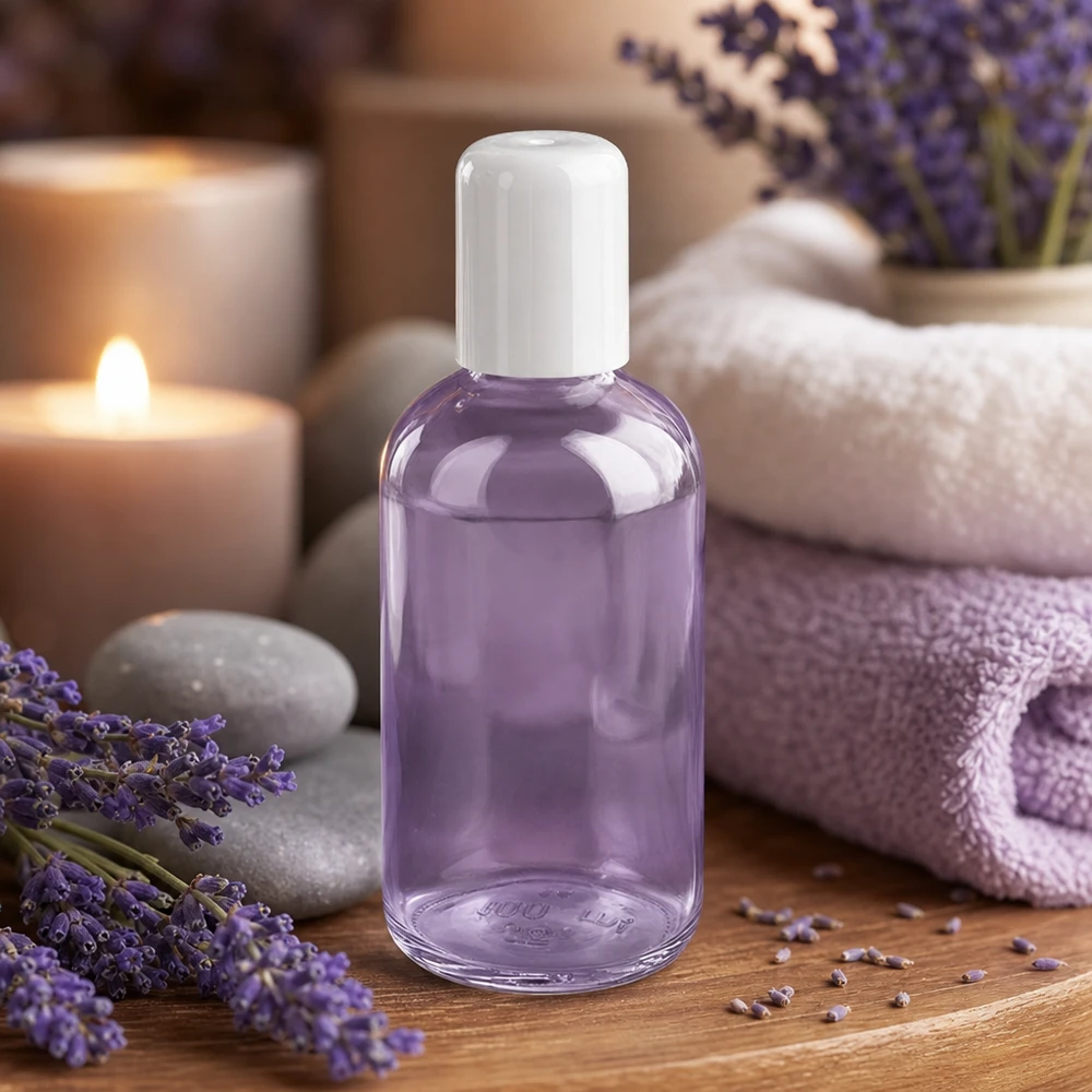 100ml roll-on fles wit STD ClearLine UT18/100 Witte ClearLine UT18/100 roll-onfles van 100 ml, gevuld met lavendelolie, in een spa-omgeving