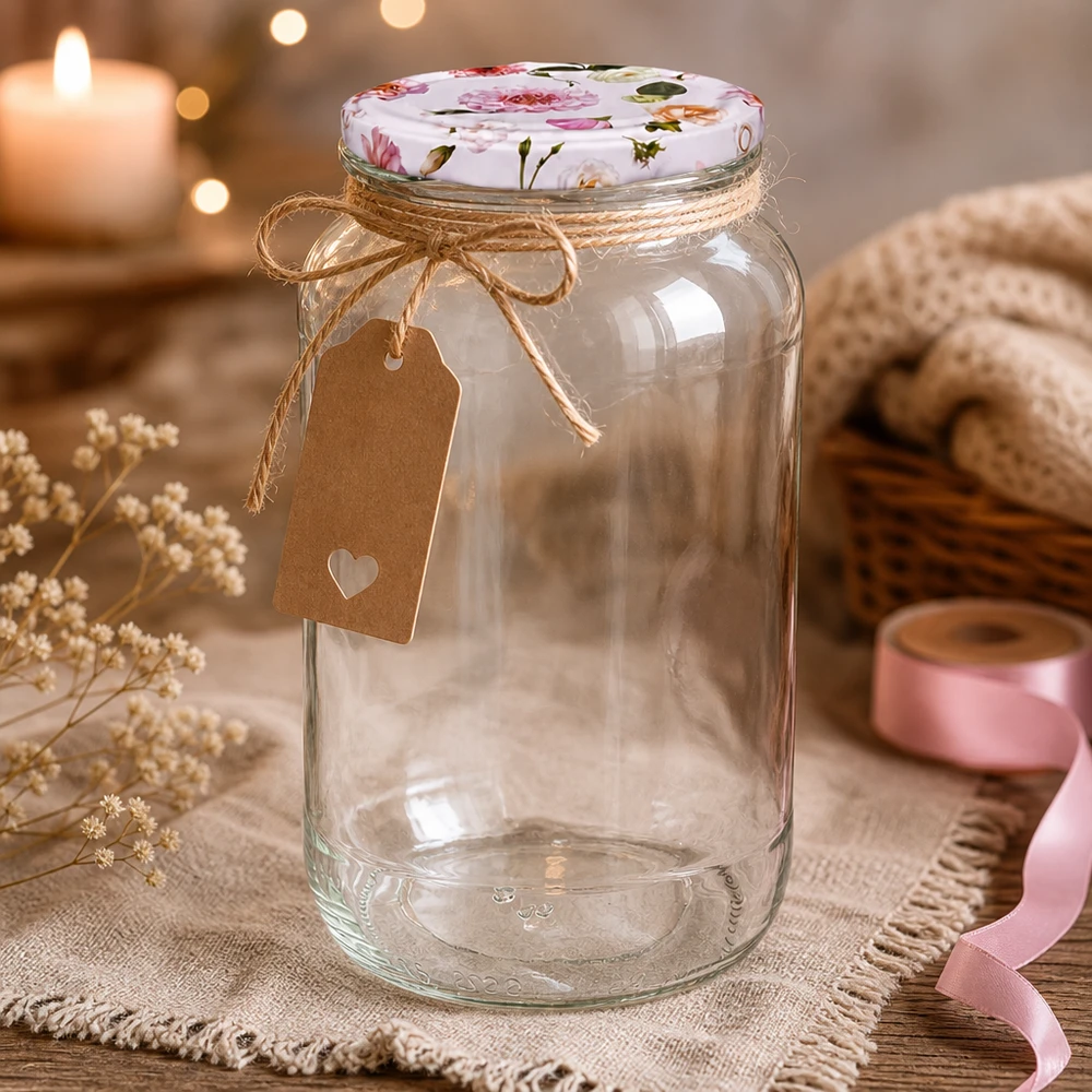 Decoratieve 1062ml ronde pot met roze bloem deksel BasicSeal en cadeaulabel rustieke presentatie