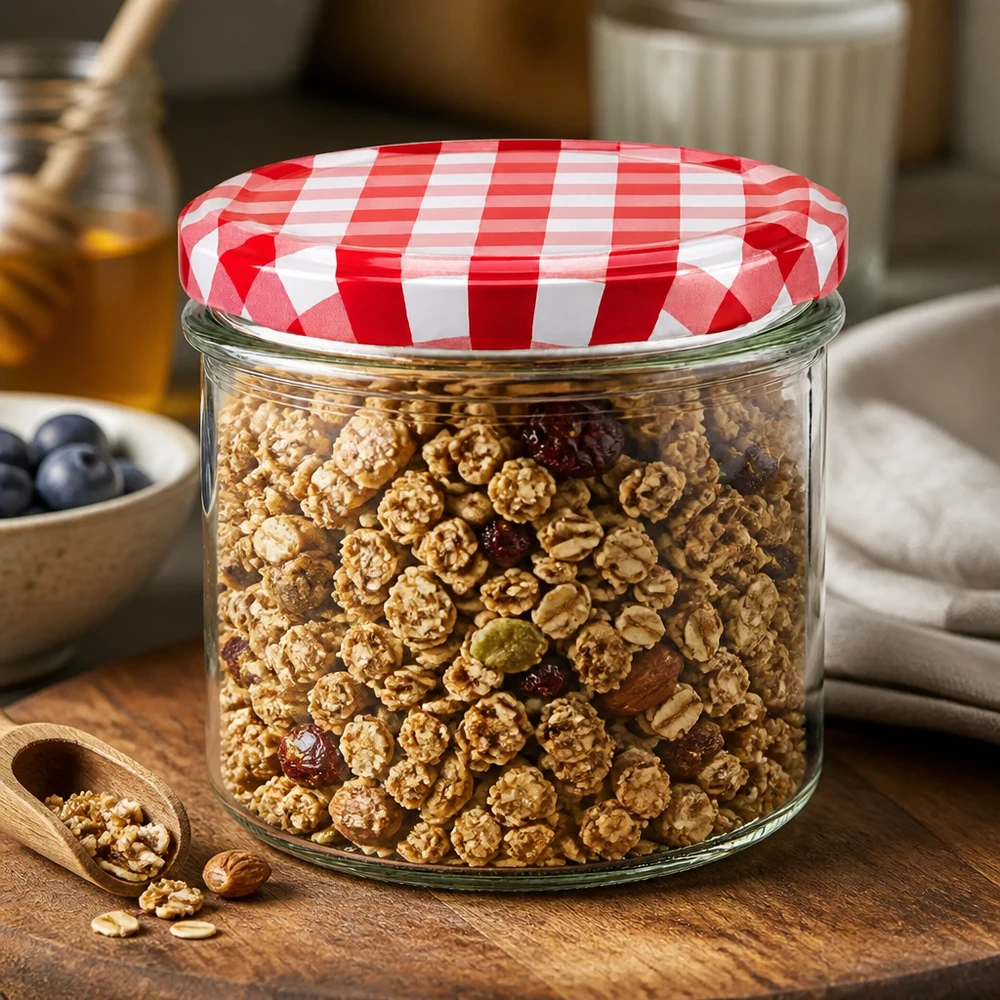 225 ml bekers met BasicSeal deksel rood en wit geblokt gevuld met muesli en noten als voorraadpot in de keuken