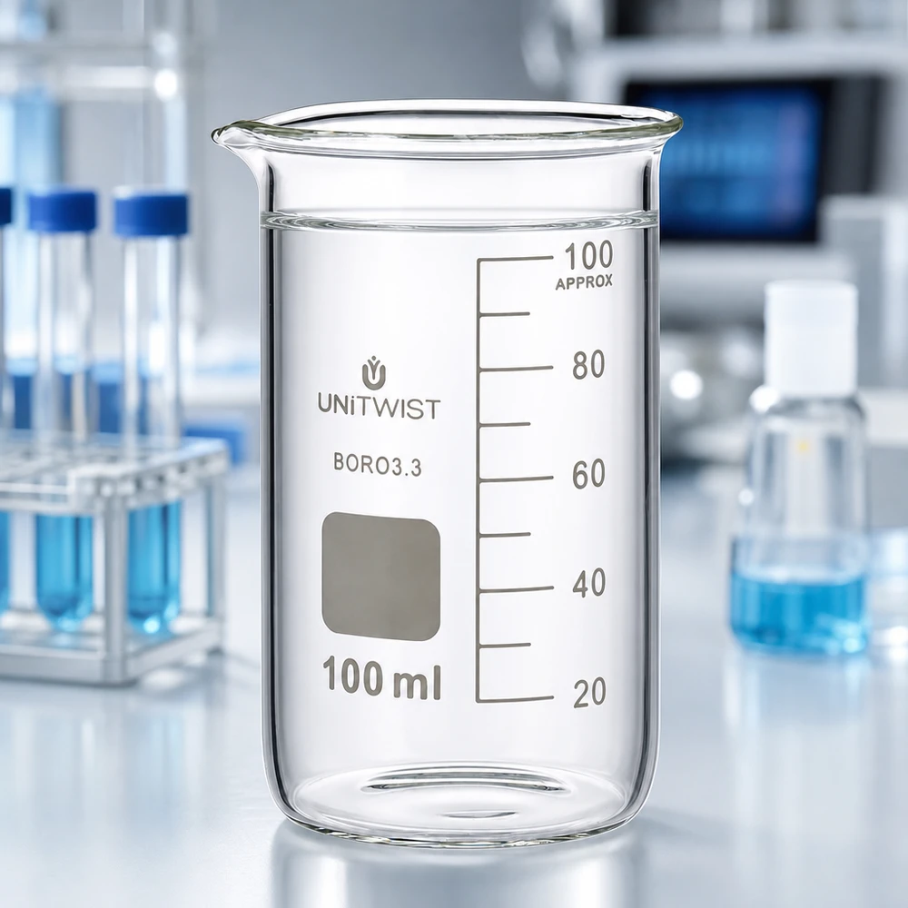 Hoog bekerglas 100 ml, borosilicaat, UNITWIST, met nauwkeurige ml-schaalverdeling en schenktuit, transparant