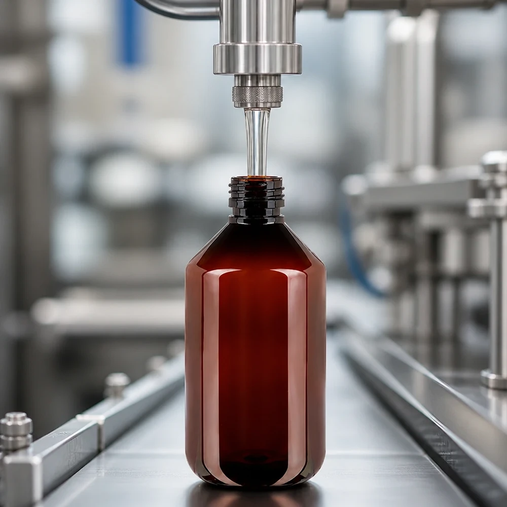 Serieproductie van lege amberkleurige PET-flessen van 500 ml (PP28) op een roestvrijstalen transportband in de fabriek