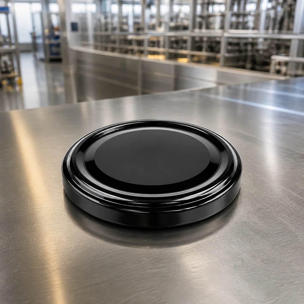 63mm BioSeal deksel zwart (TO63) UNiTWIST UNiTWIST TO63 zwart BioSeal-deksel, bovenaanzicht, glanzend oppervlak, BPA-NI, unitemp