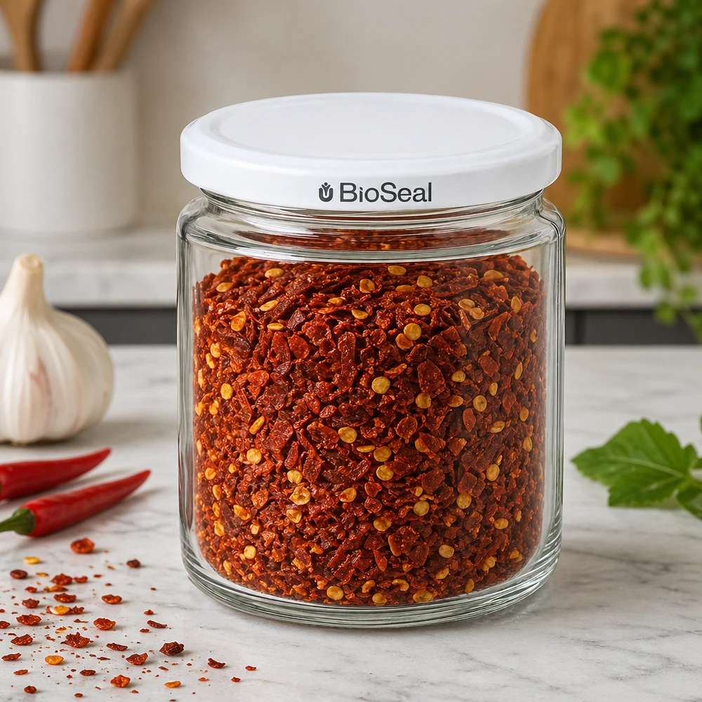 250 ml honingpot met BioSeal deksel gevuld met chilikruidenmix als keukenopslag op marmeren blad