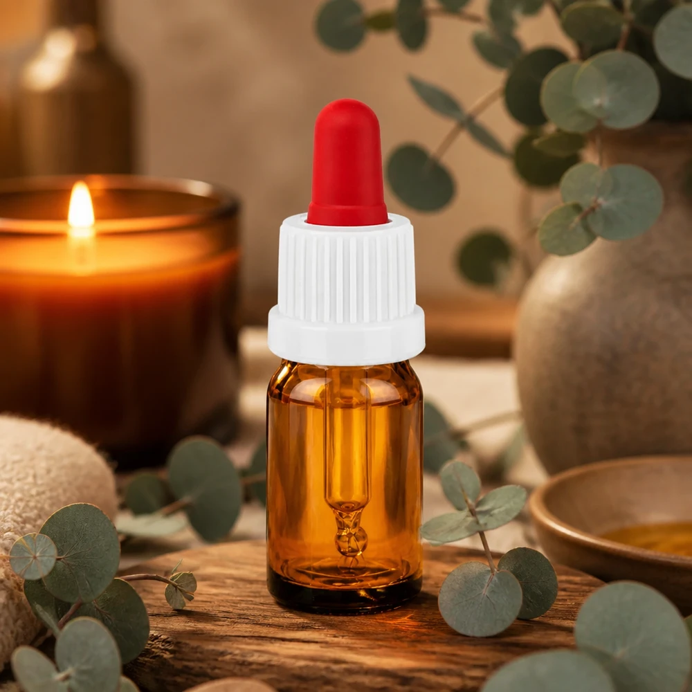 Klein 5ml pipetflesje in amberkleurig glas met witte en rode dop voor essentiële oliën