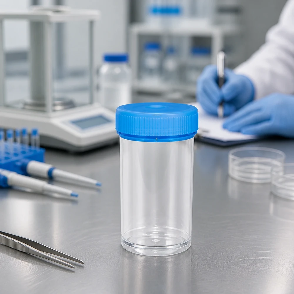 Doorzichtige urinebeker (equivalent) van 50 ml met geribbeld blauw deksel tussen de laboratoriumpipetten