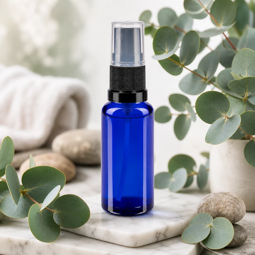 Blauwe glazen flessen 30ml met zwart pompverstuiver Sprayflesje van 30 ml in apothekersblauw, versierd met natuurstenen en groene blaadjes