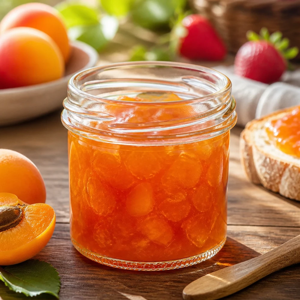 125ml bekers zonder deksel (TO66) UNiTWIST UNiTWIST Sturz125, 125 ml glas TO66, geserveerd met oranje abrikozenjam en brood