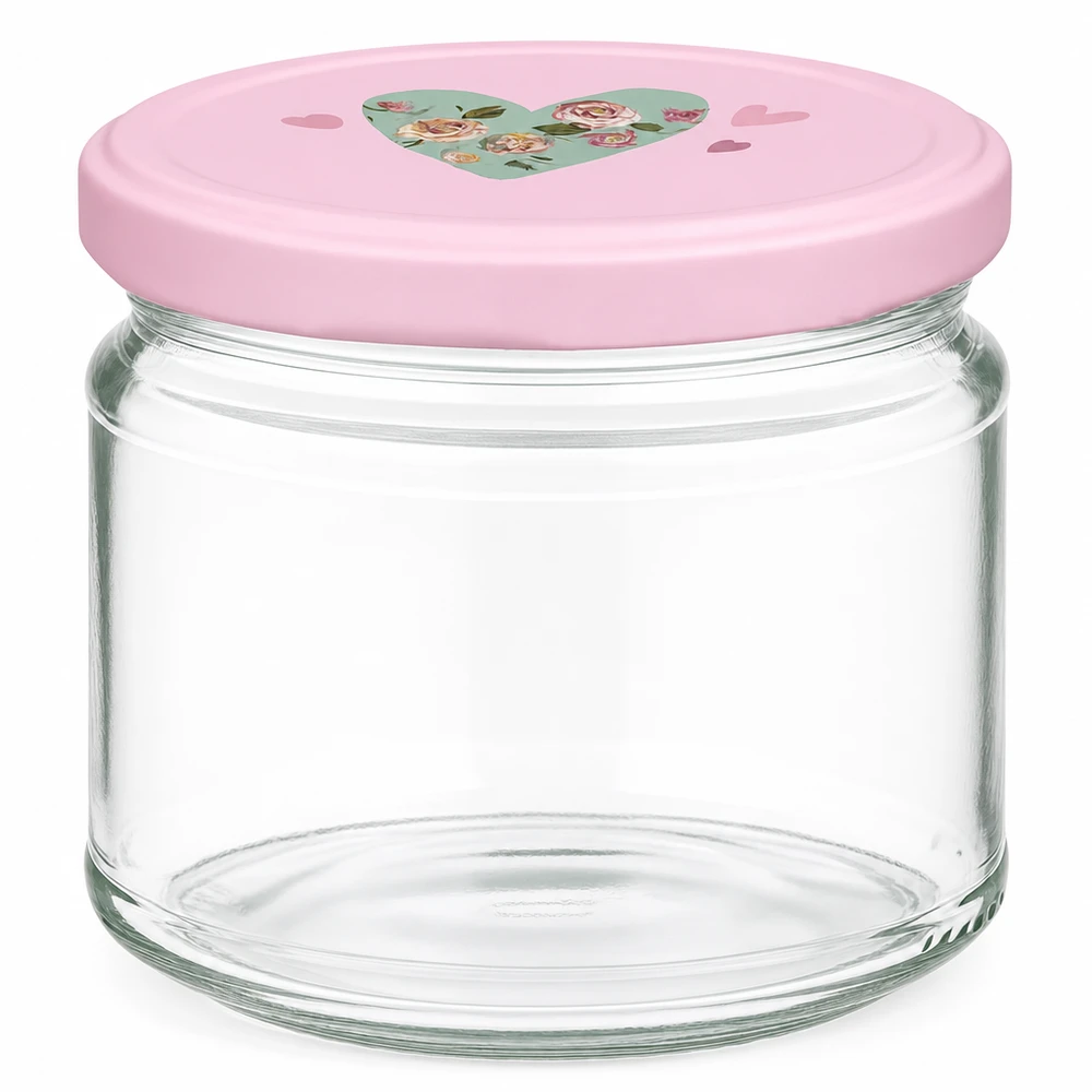 Ronde pot 330 ml + deksel BasicSeal roze hart UNiTWIST 330 ml ronde pot met roze BasicSeal deksel en hartjesmotief, lege inmaakpot voor jam en conserven