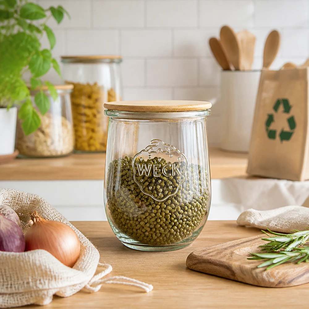 1062ml tulpenglas WECK RR100 met hout deksel WECK Tulpenglas 1062ml RR100 mit Holzdeckel als stilvolles Vorratsglas für Hülsenfrüchte in moderner Küche