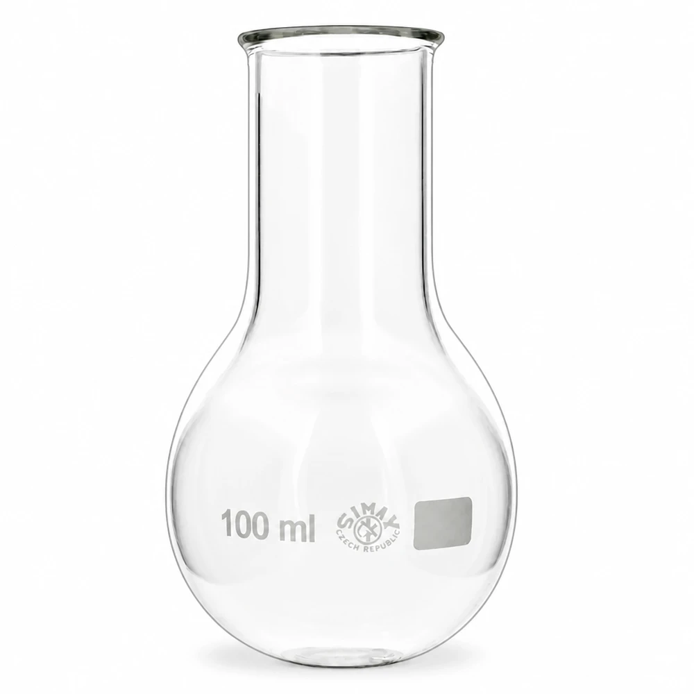 Rondbodemkolf met brede hals 100 ml met ergonomische kolfvorm voor veilig gebruik in het laboratorium