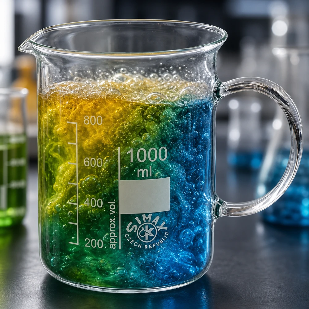 Becherglas met handvat, inhoud 1000 ml, gevuld met een meerlaagse, kleurrijke laboratoriumvloeistof