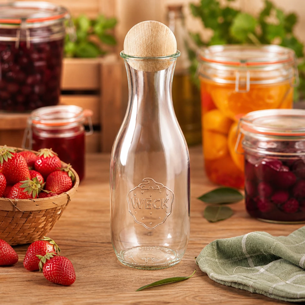 1062ml sapflessen WECK RR60 met houten bal WECK glazen fles 1062ml in keuken met jampotjes aardbeien en houten beuken kogeldop