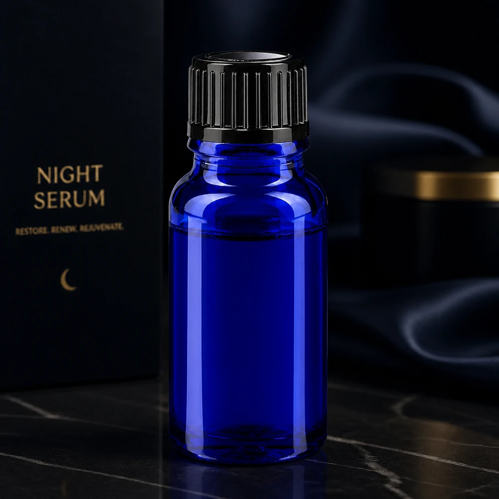 Hoogwaardige blauwe druppelfles van 10 ml, van glas, met SV STD-dop voor huidverzorgingsproducten