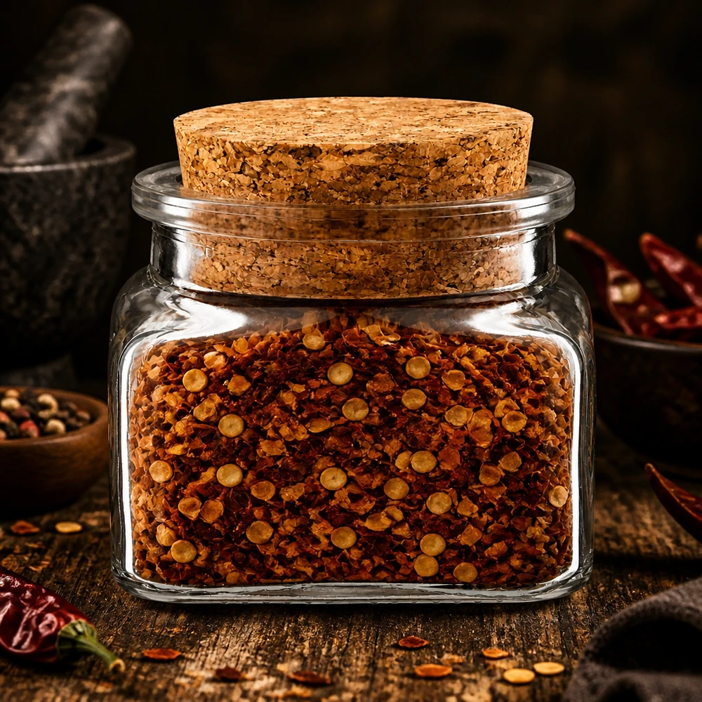 Idee voor een glazen kruidenpotje: Vierkant 120 ml helder inclusief kurk Quadratus-kruidenpotje, transparant, 120 ml, met kurk, gevuld met gedroogde chilipepers en kruidenkorrels